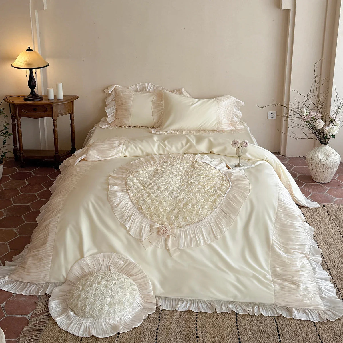 Raised Rose Embroidery Lace Ruffle Princess Bedding Set