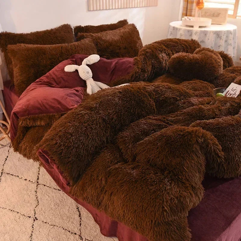 Solid Color Fluffy Long Plush Winter Bedding Set