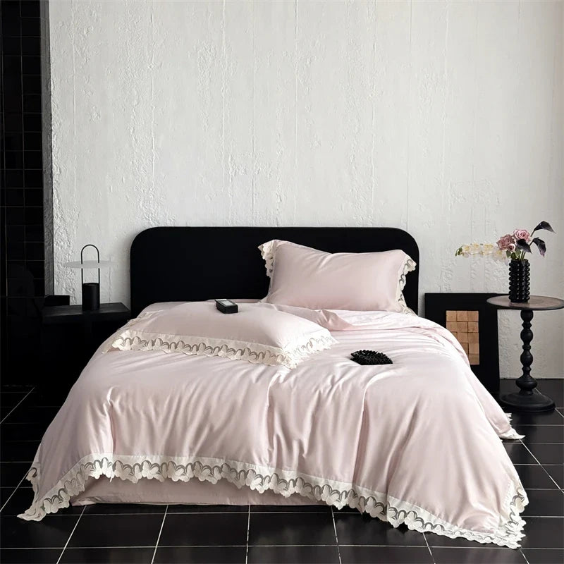 Butterfly Lace Wide Edge Pink Princess Wedding Bedding Set