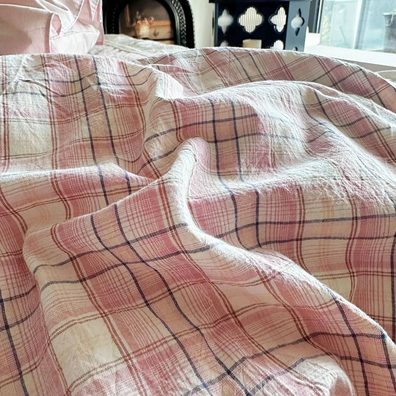 Vintage French Plaid Lace Ruffles 100% Cotton Bedding Set