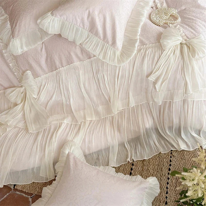 4Pcs Pink Ruffle Bow Lace Princess Wedding Bedding Set