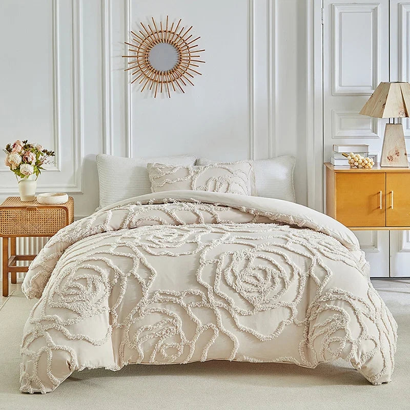 3D Rose Floral Tufted Duvet Cover Set High Quality Microfiber Comforter Cover Soft King Queen Size Quilt Cover and Pillowcases