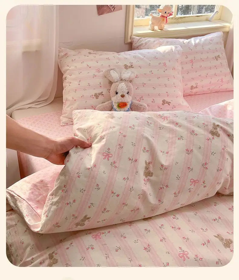 Kawaii Duvet Cover Set Cartoon Printed with Zipper Bed Sheet Pillowcases No Filler Twin Queen Size Adult Kids Bedding Linens