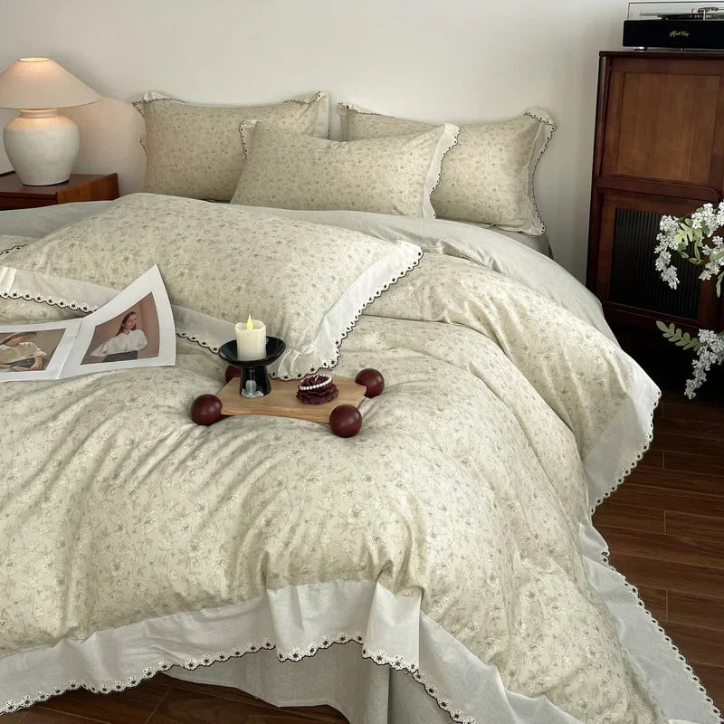 Vintage Floral Print Lace Luxury Bedding Set