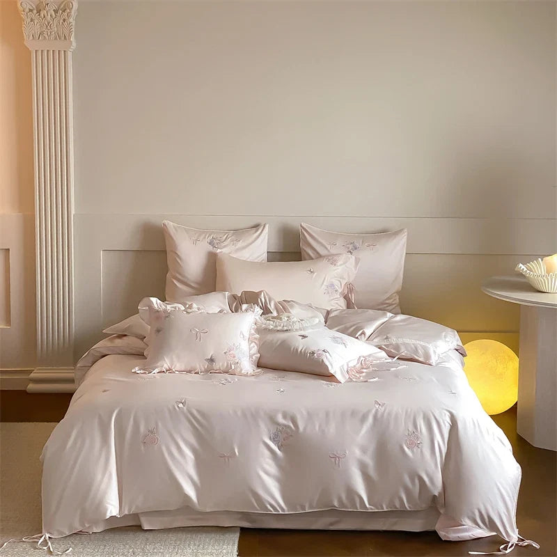Pink Flowers Butterfly Embroidery Lace-Up Princess Bedding Set