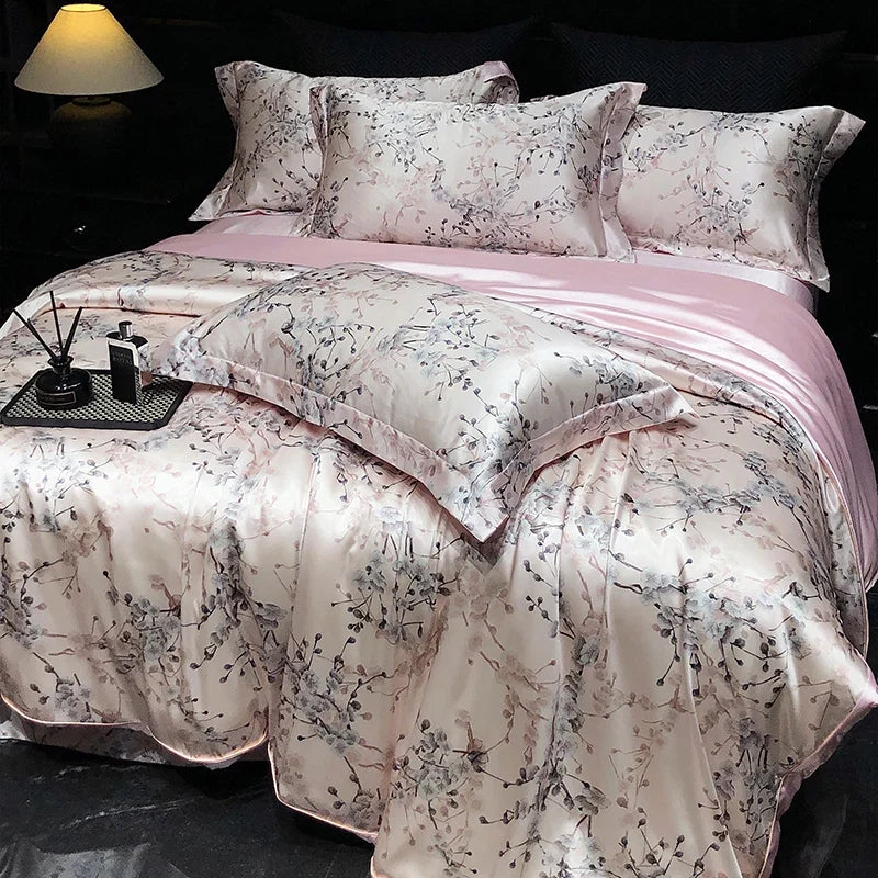 Luxury Mulberry Silk Duvet Cover High End Floral Printed Bedding Set