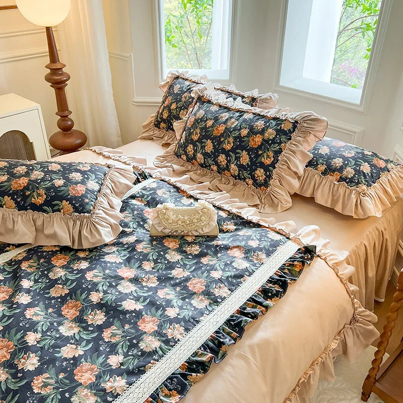 100% Cotton Floral Print Lace Princess Bedding Set
