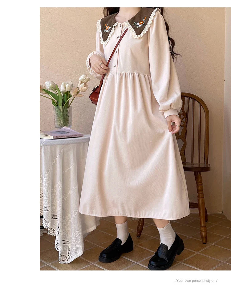 Forest Flower Corduroy Cottagecore Dress with Embroidery