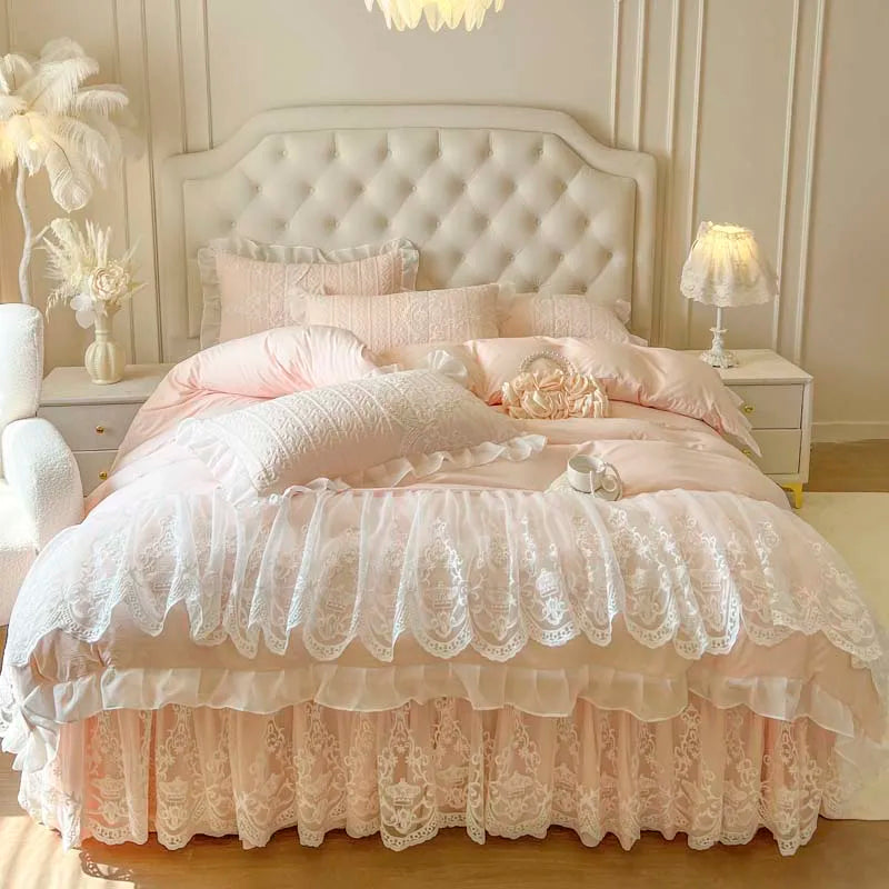 4/6Pcs Pink Princess Wedding Lace Embroidery Korean Style Bedding Set
