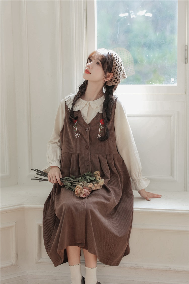Meadow Petal Corduroy Flower Embroidered Cottagecore Dress