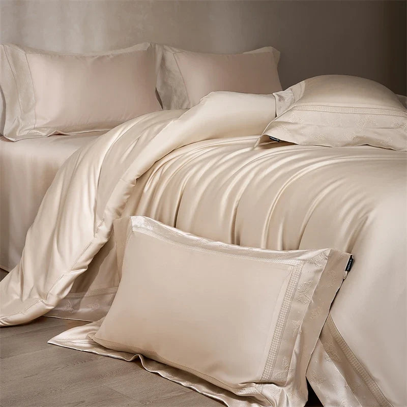 Luxury Lyocell Cotton Butterfly Jacquard Bedding Set, Soft Silky Duvet Cover Set, Pillowcases, Bed Sheet/Fitted Sheet, 4Pcs