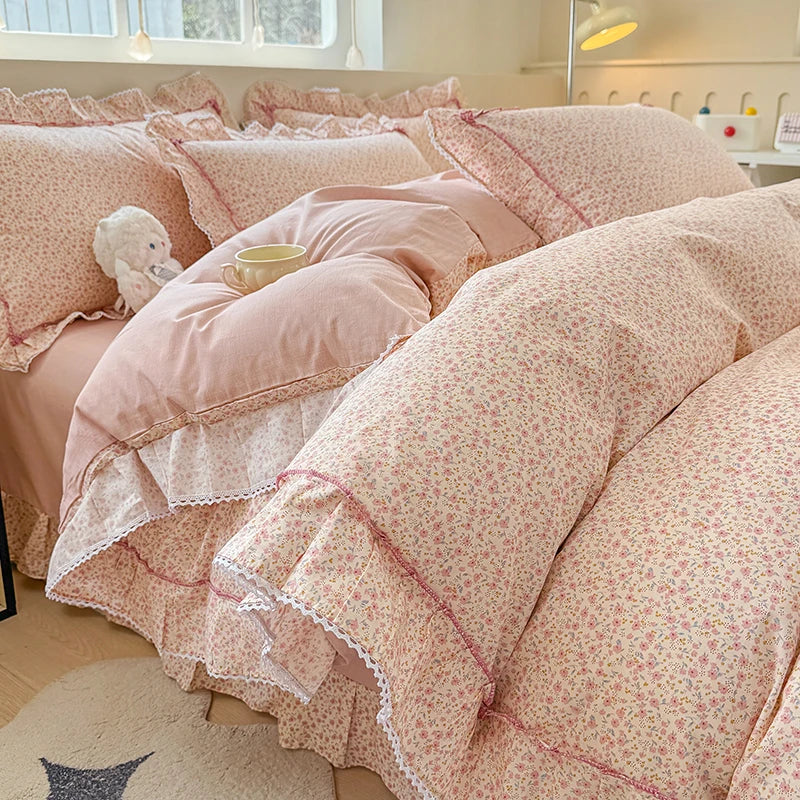 Korean Princess Style Rose Floral Ruffle Bedding Set
