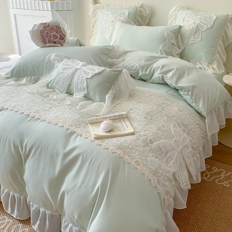 3/4Pcs Korean Princess-Style Bow Lace Ruffle Green Bedding Set