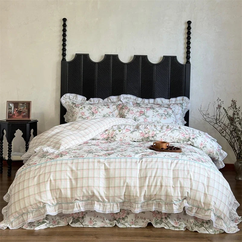 100% Cotton Vintage Countryside Floral Print Ruffle Bedding Set