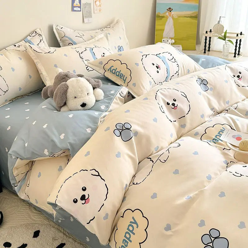Cute Cartoon Duvet Cover Set No Filler Ins Full Queen Size Comforter Cover Sheet Pillowcase Skin-friendly Girl Home Bedding Set