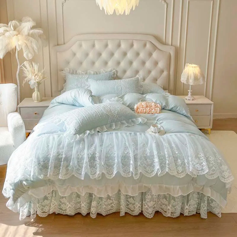 4/6Pcs Pink Princess Wedding Lace Embroidery Korean Style Bedding Set