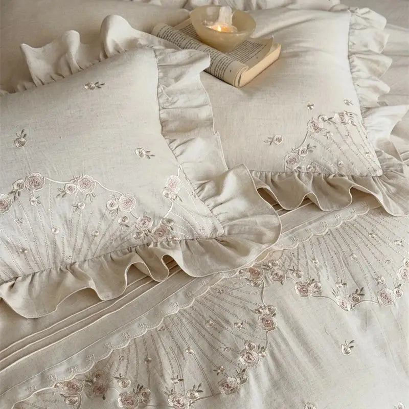 Flowers Embroidery Ruffles Luxury Bedding Set
