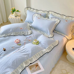 3/4Pcs Korean Princess Style Washed Cotton Three-Dimensional Flower Embroidery Lace Pink Beddings Sets Full Ruffle Duvet Cover