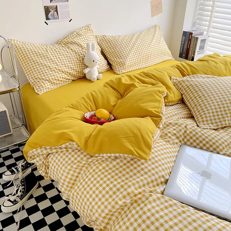 Brushed Japanese Muji-Style Plaid Striped Duvet Cover and 2 Pillowcases minimal queen twin size quilt cover 3pcs bedding sets