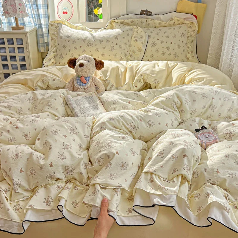Princess Style Cartoon Floral Ruffles Bedding Set