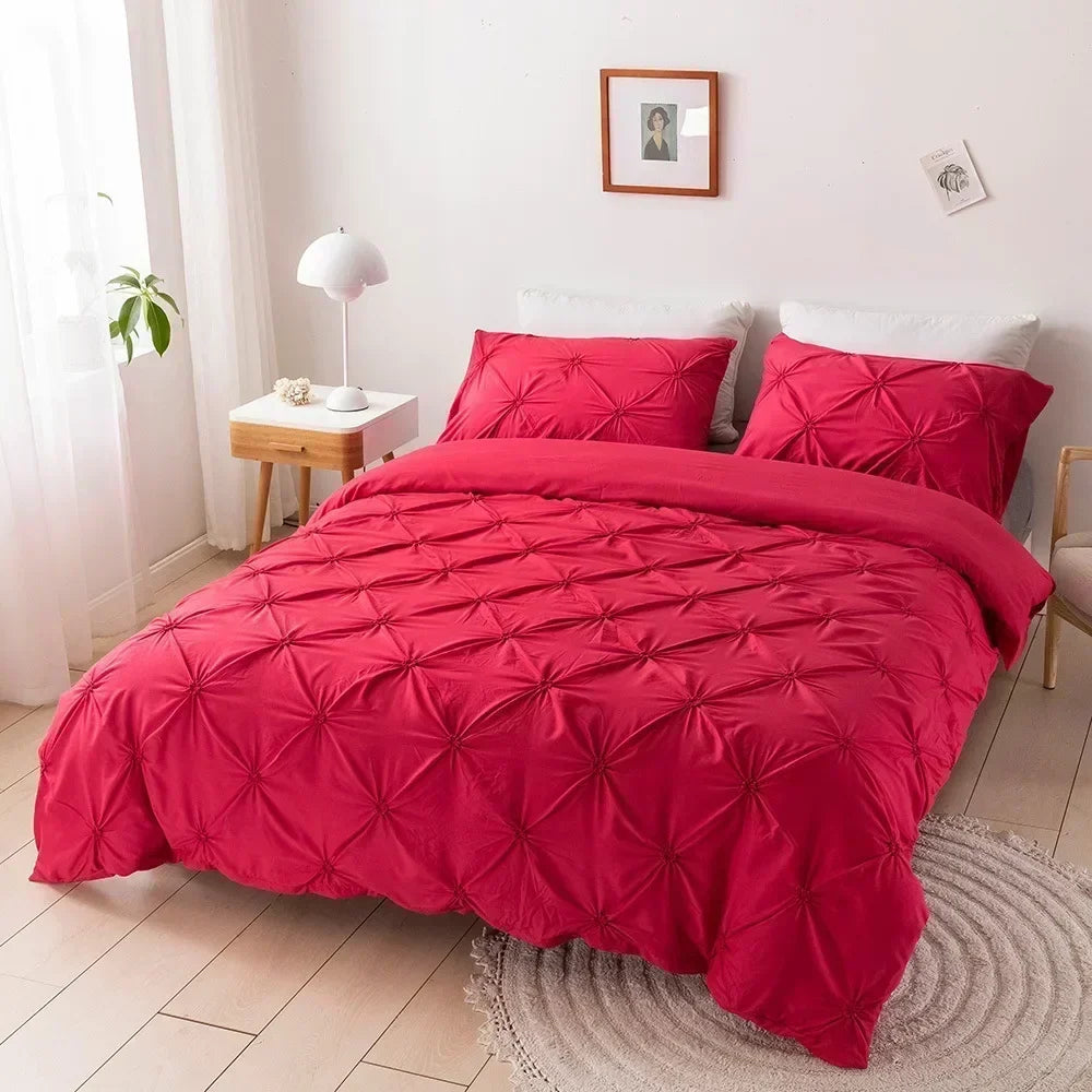 3D Buttoned Pleated Quilt Cover Set 100% Polyester Fabric Soft Skin-friendly Duvet Cover and Pillowcases Solid Color Bedding Set