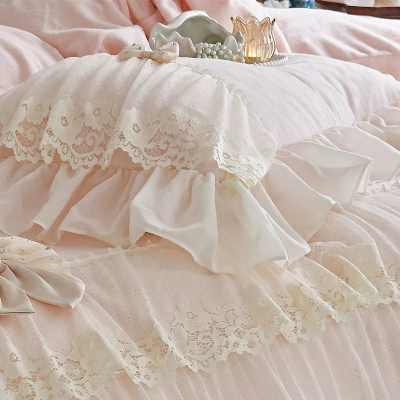 Three-layer Lace Ruffles Bow Princess Wedding Bedding Set