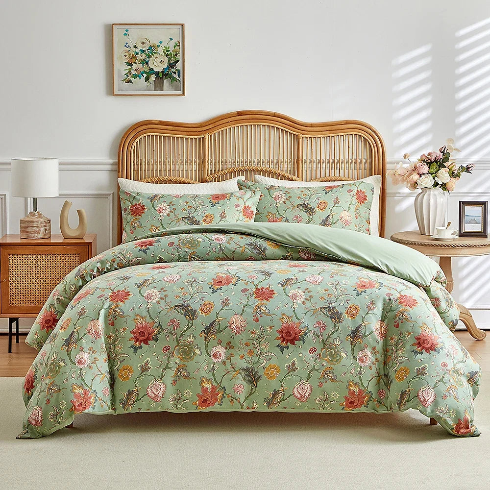 Vintage Floral Printed Duvet Cover Set Soft Breathable Double Bed Bedding Set