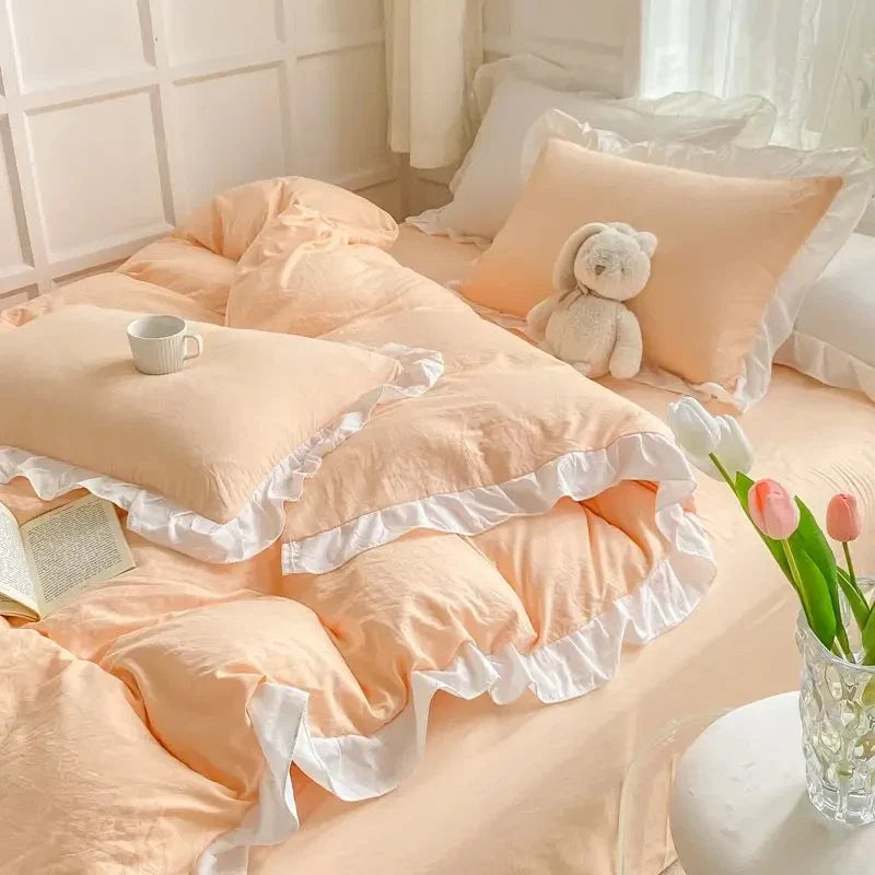 Korean Princess Style Duvet Cover Set No Filling Pink Blue Soft Washed Cotton Girls Favorite Ruffles Bed Linen Pillowcases
