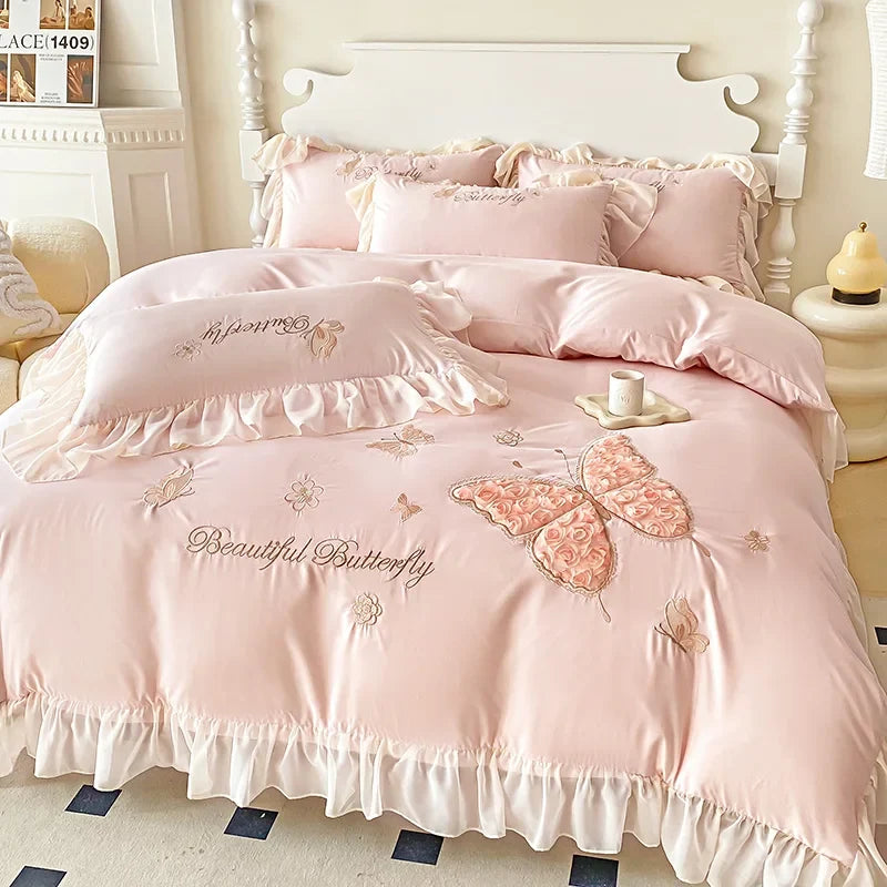 3/4Pcs Korean Princess Style Washed Cotton Three-Dimensional Embroidered Butterfly Queen Size Bedding Set