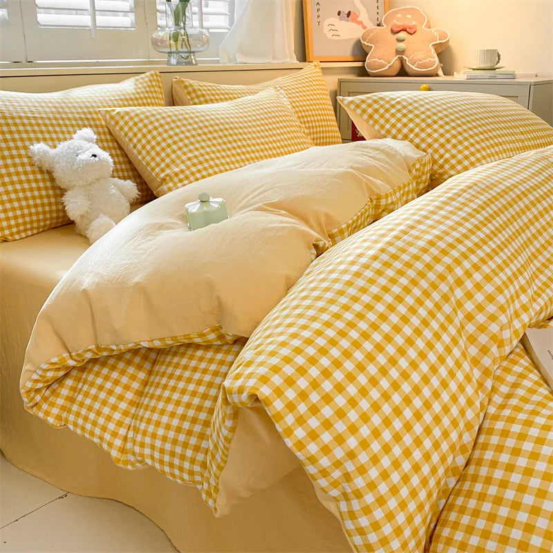 3/4 Pcs Blue Checkered Bedding Set