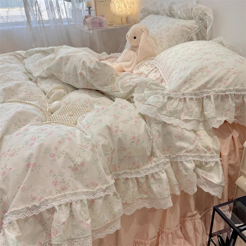 3/4Pcs Korean Princess Style Floral Lace Ruffle 100% Cotton Bedding Set