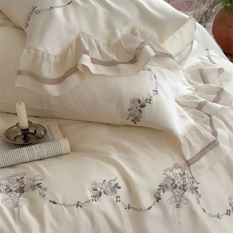 800TC Lyocell Eucalyptus Fiber Flowers Embroidery Ruffles Bedding Set