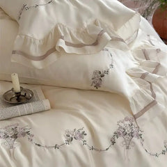 800TC Lyocell Eucalyptus Fiber Flowers Embroidery Ruffles Bedding Set
