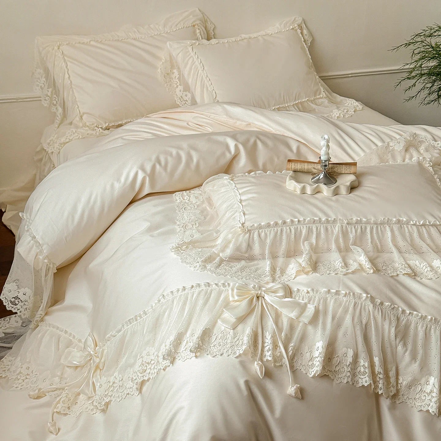 100% Cotton Vintage French Lace Ruffles Bow Princess Wedding Bedding Set