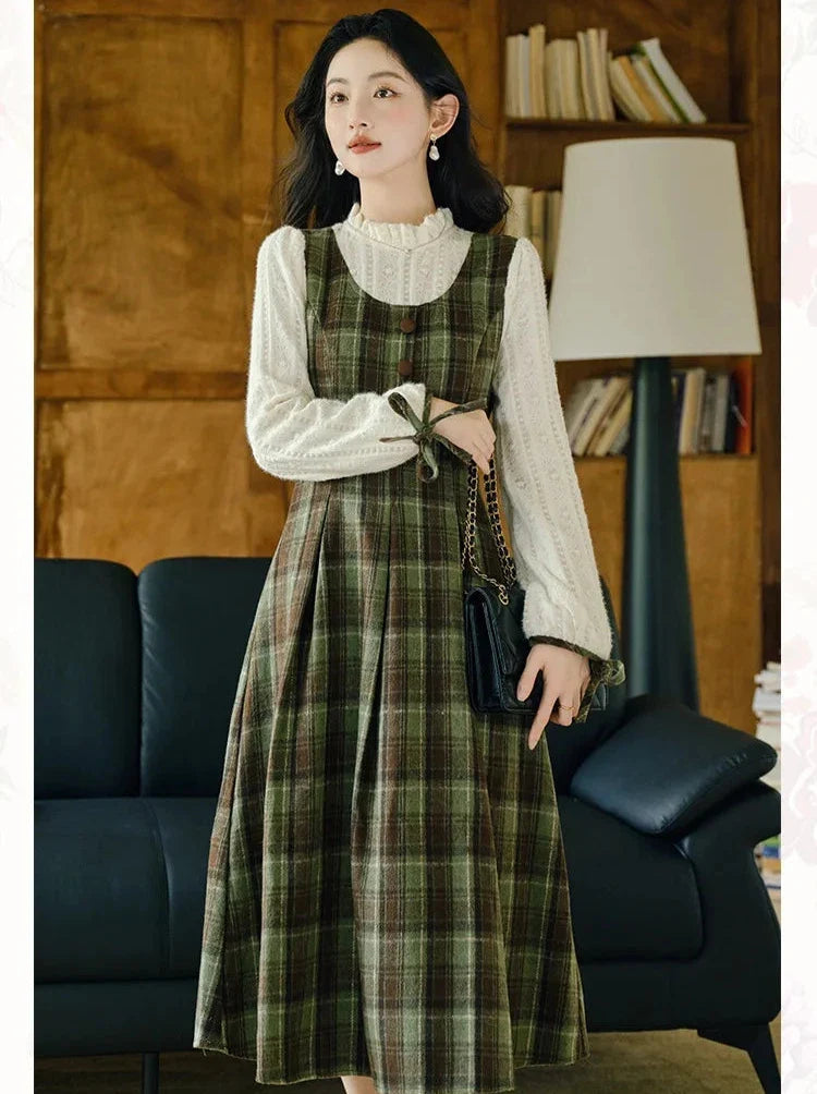 Harmony Plaid Wool Dark Academia Cottage Dress