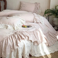 French Large Lace Ruffles Floral Butterfly Embroidery Linen Cotton Bedding Set