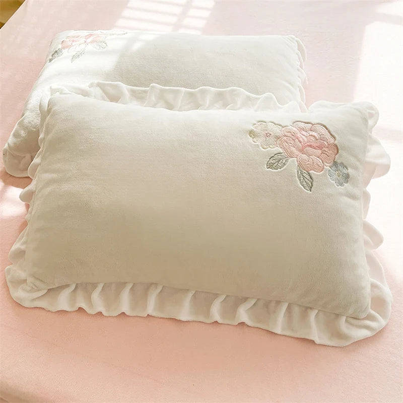 Flowers Embroidery Ruffles Velvet Soft Bedding Set