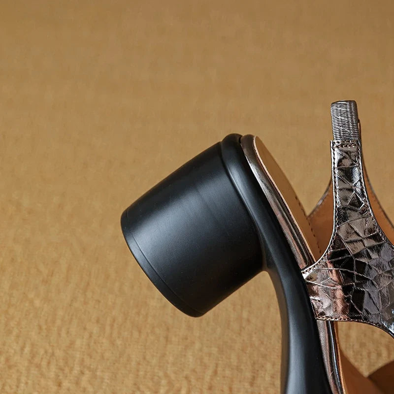 leather cowhide round toe thick sole loose grip high Heels