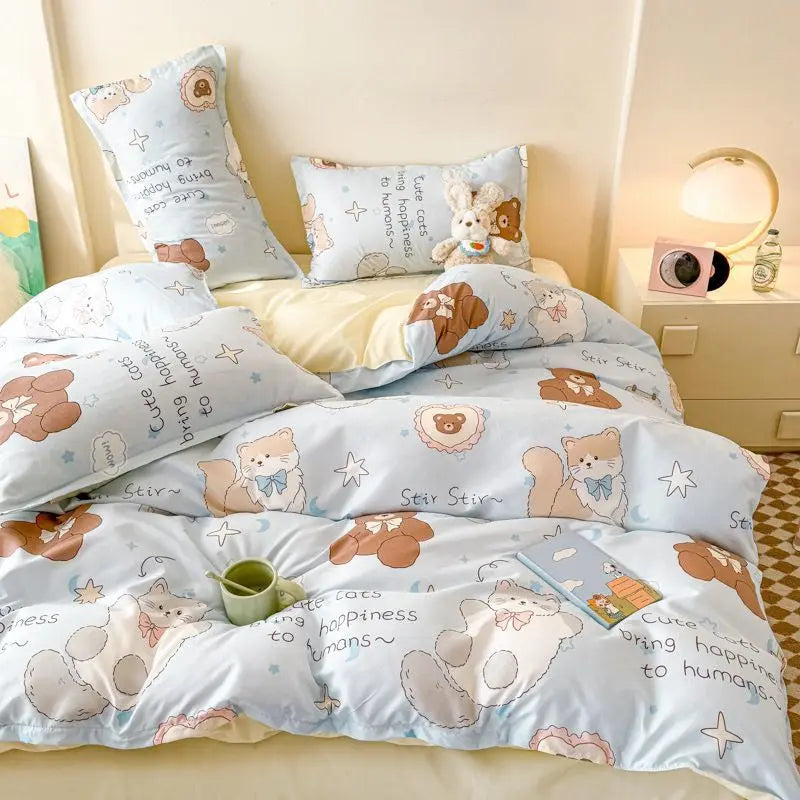 Cute Cat Duvet Cover Set with Zipper Flat Bed Sheet Pillowcases No Filler Twin Queen Size Girls Boys Gift Cartoon Bedding Set