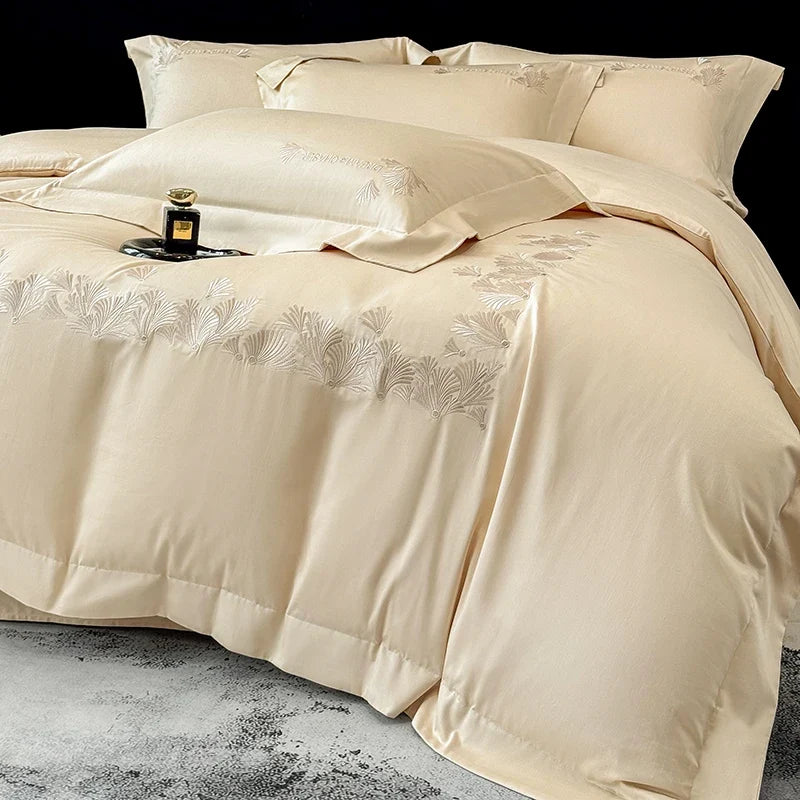 Luxury Embroidery Solid Color Premium Egyptian Cotton Queen King Bedding Set