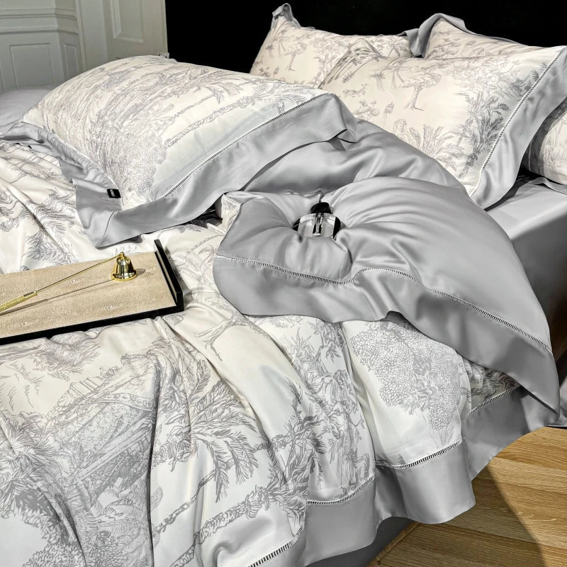 Luxury Gray Lyocell Duvet Cover Set Vintage Jungle Animal Print Bedding Set