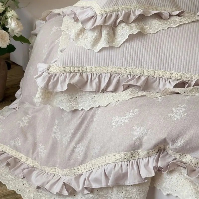 Vintage French Double Layer Lace Ruffles Linen Cotton Jacquard Bedding Set
