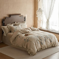 100% Pure Linen Vintage Flowers Embroidery Ruffles Luxury Bedding Set
