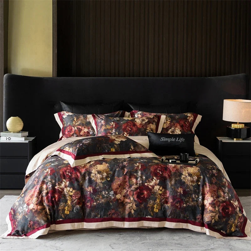 Premium 1000TC Egyptian Cotton Flowers Prints Oil Painting Style Bedding Set