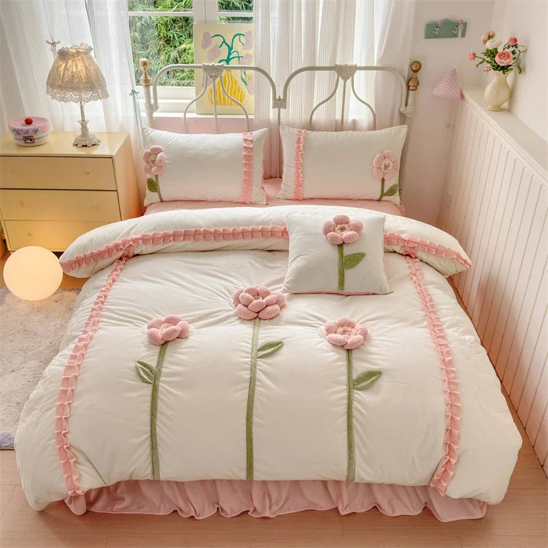 Handmade Flowers Embroidery Ruffles Korean Princess Bedding Set