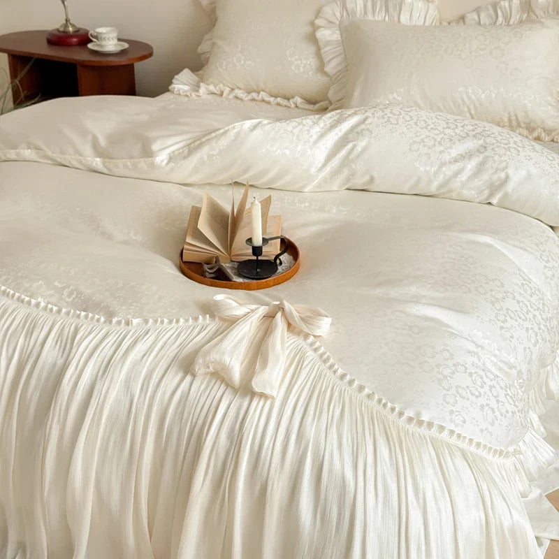 Vintage Jacquard Lace Ruffles Bow Princess Bedding Set