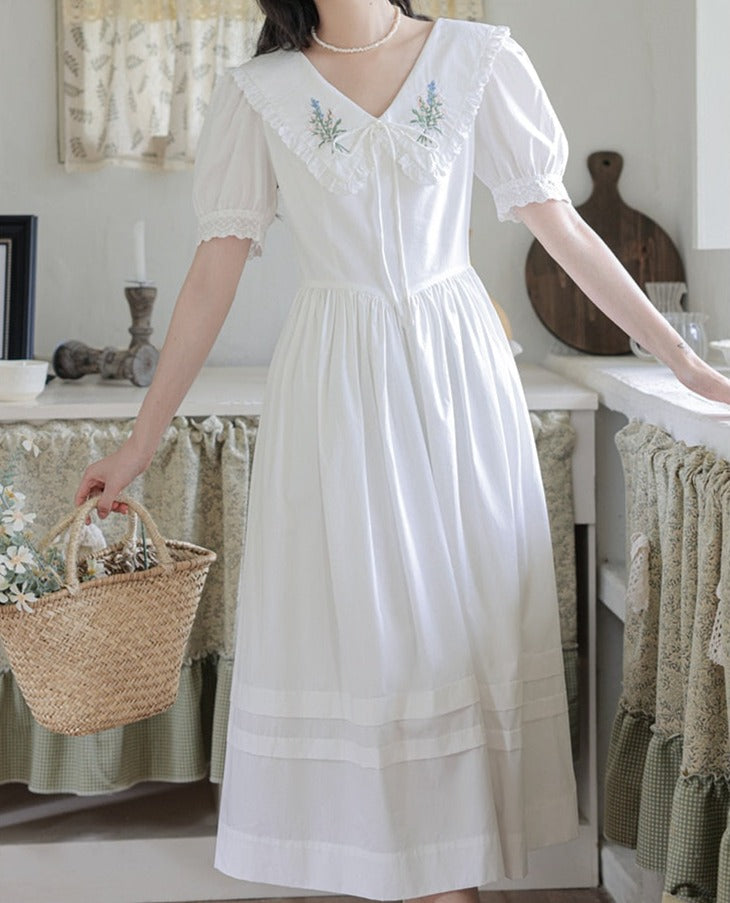 Heidi Flower Embroidered White Cottagecore Dress