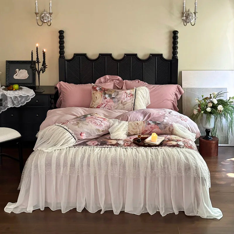 600TC Egyptian Cotton Thickened Brushed Rose Print Lace Ruffles Bedding Set