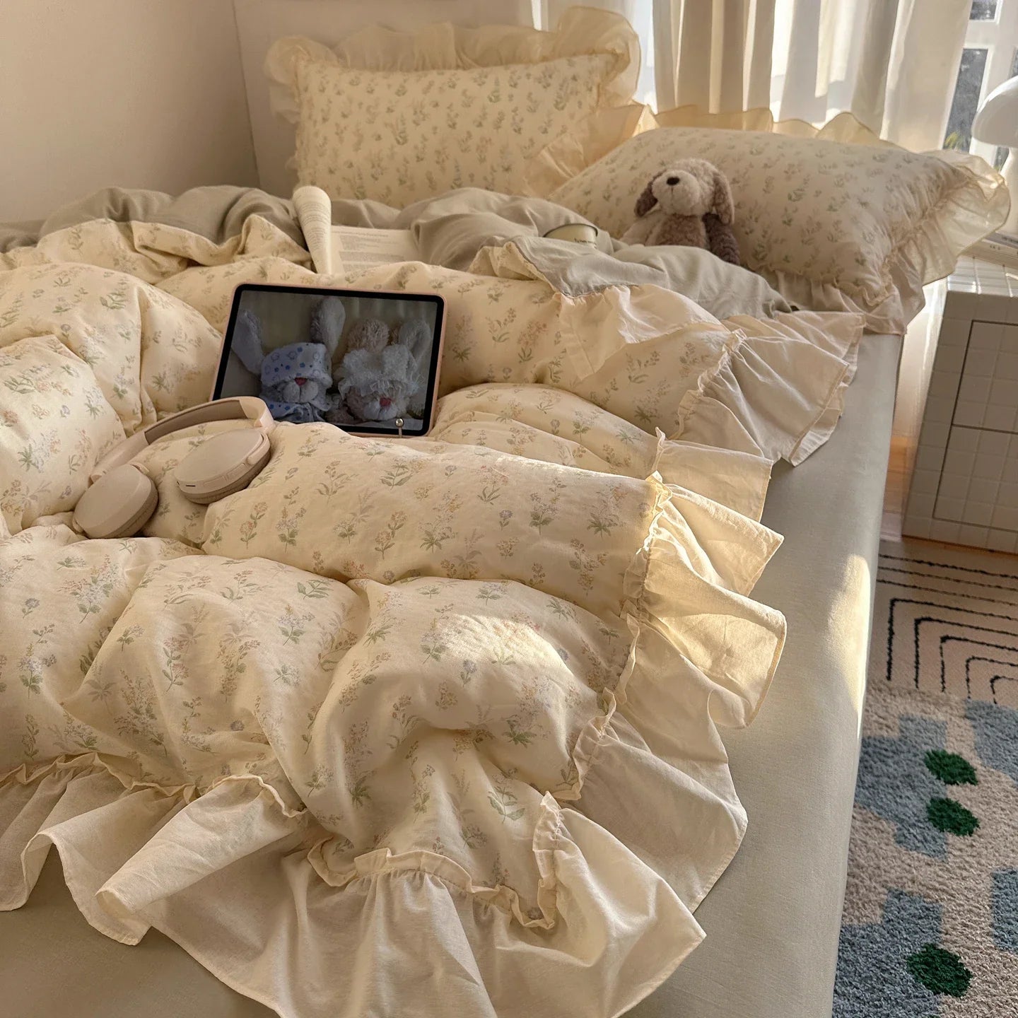 100% Cotton Korean Princess Style Floral Ruffles Bedding Set
