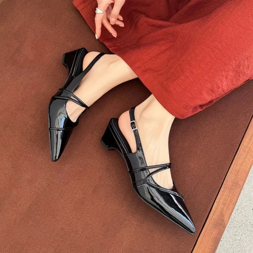 French Black Pointed Patent Leather Mid-Heel